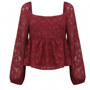 Say Anything Peplum Top Women L Burgundy Floral Jacquard Square Neck Smocked
